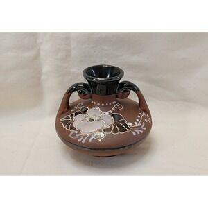 Vintage Hand Painted Terracotta Bud Vase Floral Design Brown Black Twin Handles